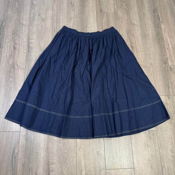 J.Crew Christina Midi Skirt 18 Blue Contrast Stitch Cotton Poplin Elastic Waist - Picture 2 of 6